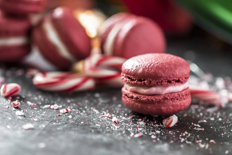 Closeup of Peppermint Red Velvet French Macaron