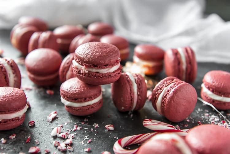 A stack of Peppermint Red Velvet Macarons