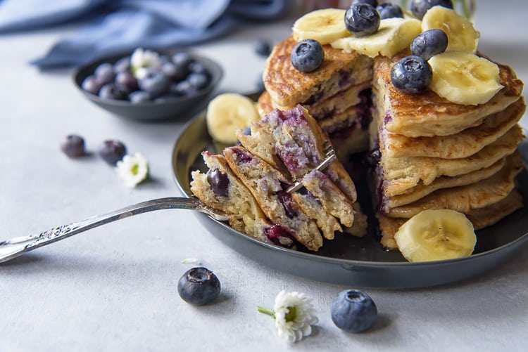 A forkful of homemade Blueberry Banana Pancakes
