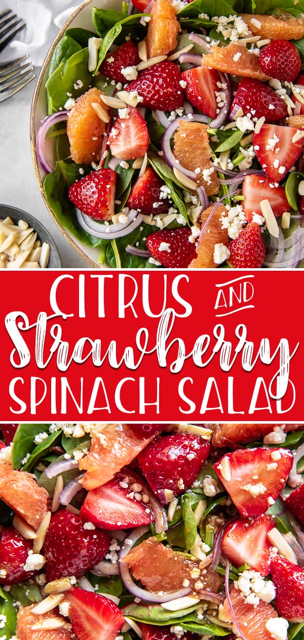 Bright, fresh, and full of flavor, this Citrus & Strawberry Spinach Salad is a taste of spring all year long! Crunchy greens, juicy strawberries and orange segments, and a snappy citrus vinaigrette make this a perfect addition to any meal.