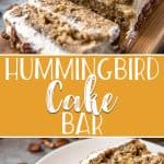 Delightful, incredibly moist, and unmistakably Southern, this Hummingbird Cake Bar is packed full of banana and pineapple goodness! This easy bar cake version of the classic recipe is layered with a pineapple cream cheese frosting and topped with toasted pecans for a crowd-pleasing crunch.