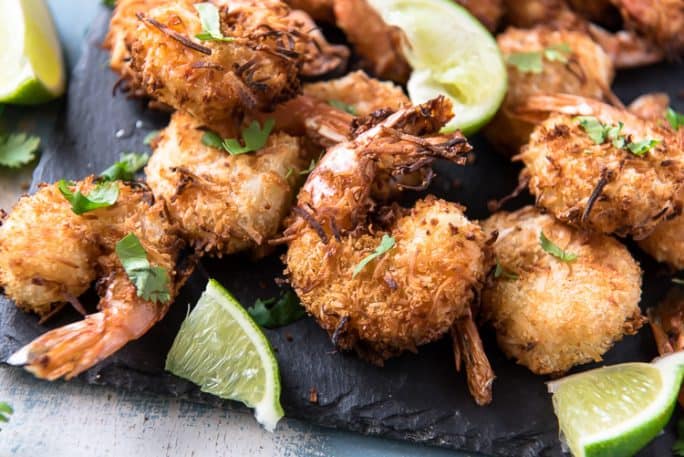 A closeup of Crunchy Coconut Shrimp made in the air fryer
