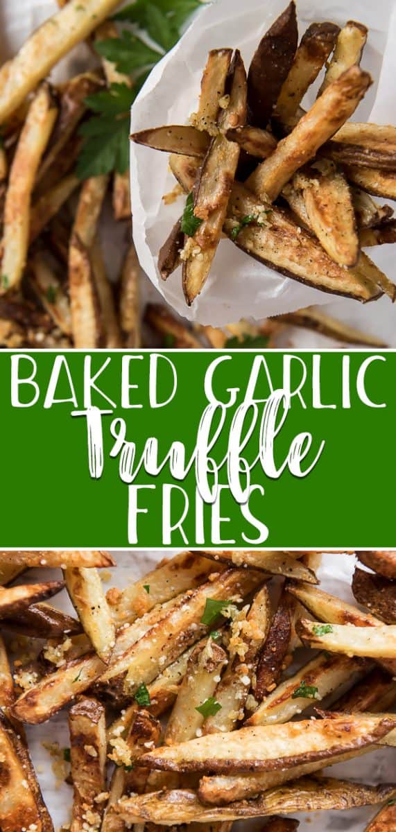 Fancy up any dinner with a batch of hot and fresh homemade Baked Garlic Truffle Fries! Indulge in the flavor of this garlicky, truffle oil-tossed, Parmesan-dusted side dish, instead of the guilt with this lower fat oven-baked option.