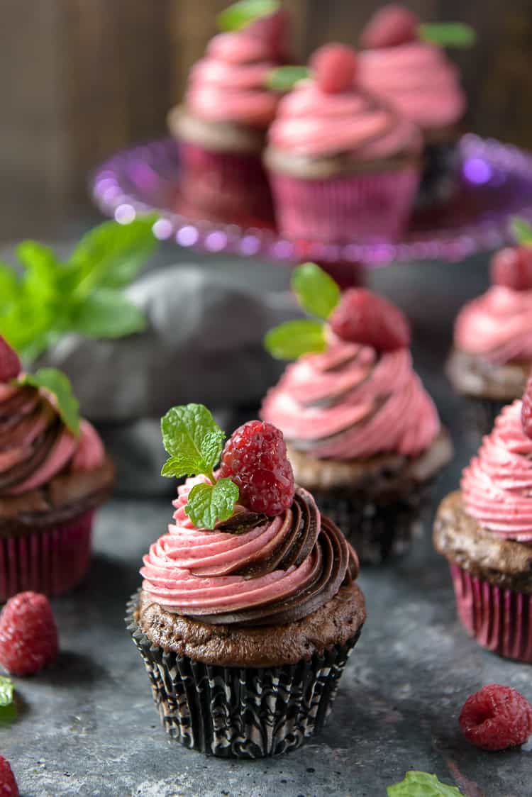 A display of Chocolate Raspberry Cupcakes