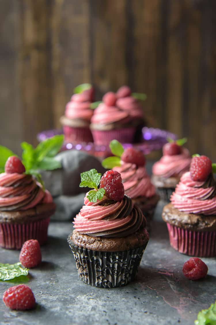 A display of moist Chocolate Raspberry Cupcakes