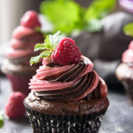 Closeup of a Chocolate Raspberry Cupcake