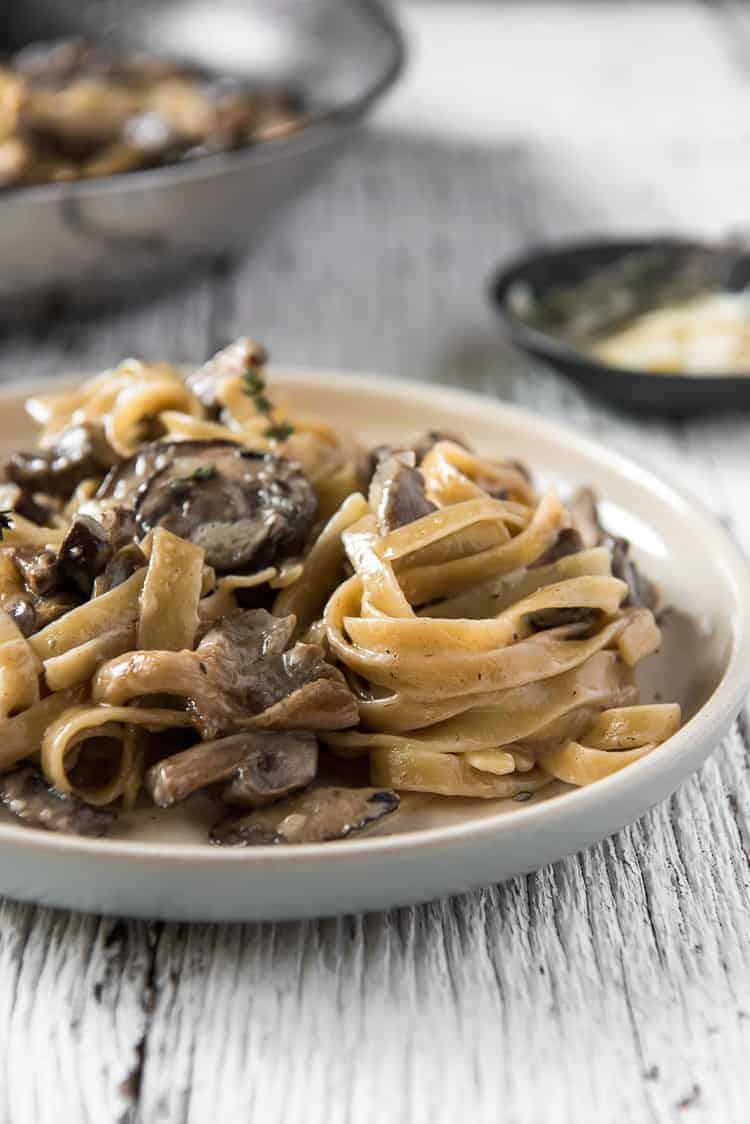 A twirl of Creamy Brown Butter Mushroom Pasta on a plate