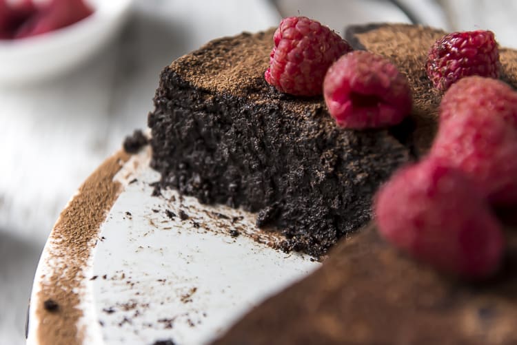 The inside of a dense and fudy Flourless Chocolate Cake