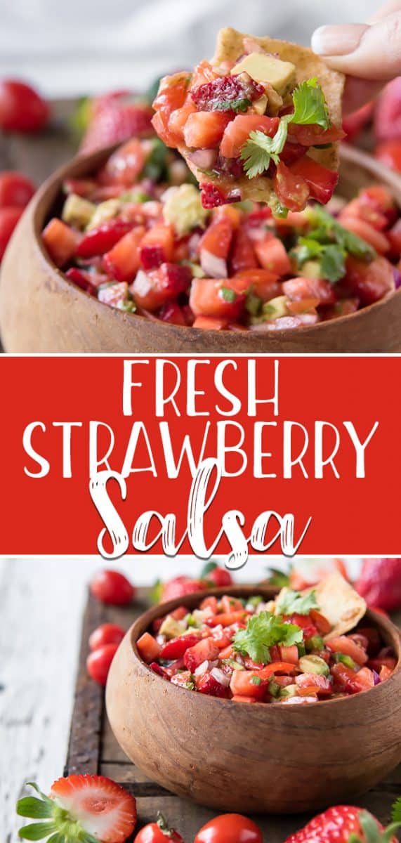 Quick, easy, and refreshing, this Strawberry Tomato Salsa is a perfect warm weather appetizer! Punched up with lime, red onion, avocado, jalapeno, and cilantro, it's delicious on it's own with chips or as a topping for grilled chicken or fish.