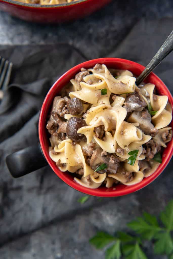 A bowl full of One Pot Ground Beef Stroganoff