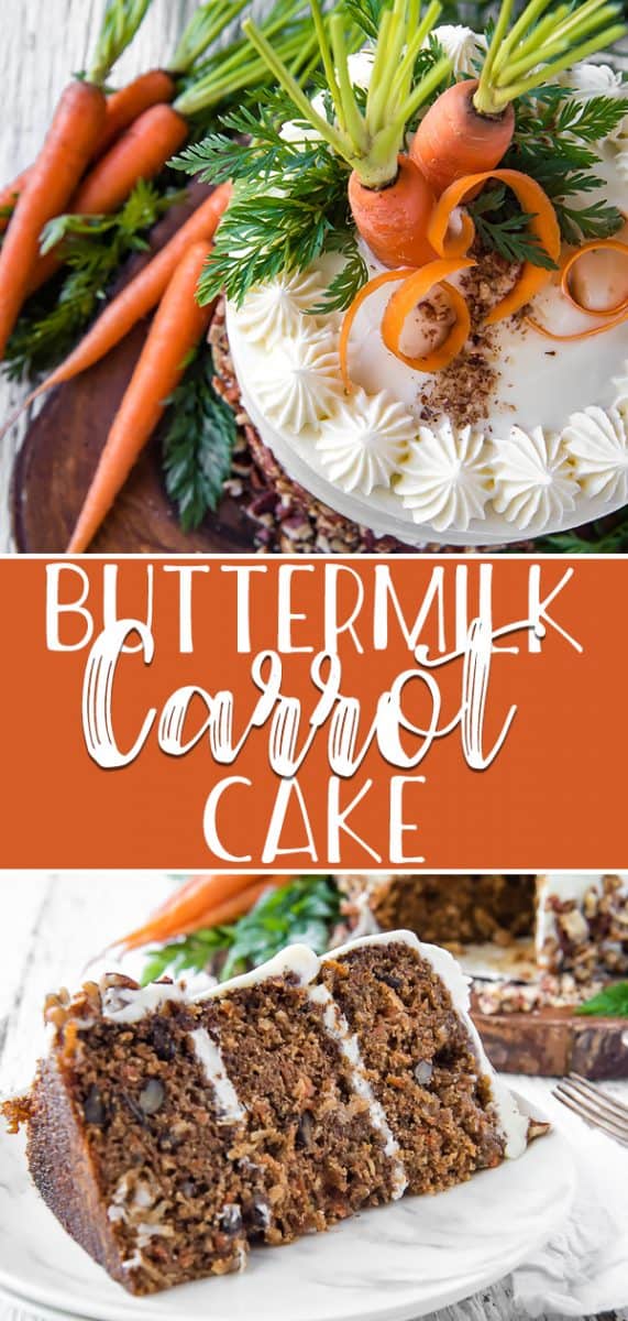 This is truly the Best-Ever Buttermilk Carrot Cake on the planet! Learn the simple secret to making this moist, tender, homemade classic cake, complete with spices, shredded carrots and coconut, toasted pecans, and creamy rum cream cheese frosting!