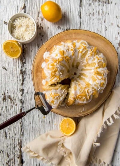 Top shot of Coconut Lemon Pound Cake with a slice cut out of it