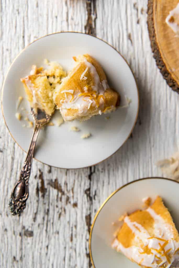 A slice of Coconut Lemon Pound Cake with a fork