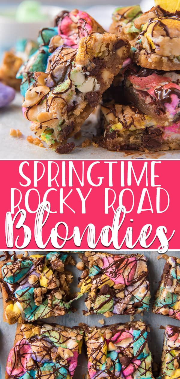 Satisfy your sweet tooth with one of these Springtime Rocky Road Blondies! This standard gooey, rich blondie recipe is taken up a notch with the addition of triple chocolate chips, walnuts, marshmallow PEEPS, and a chocolate drizzle.