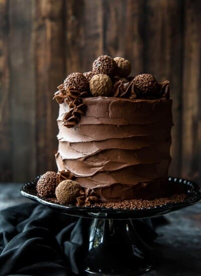 Triple Chocolate Cake on a cake stand