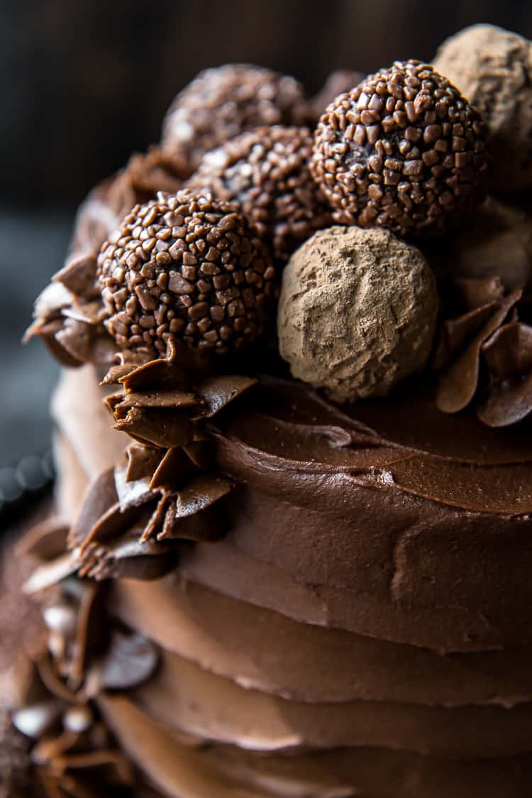 Closeup of Triple Chocolate Cake with chocolate truffles