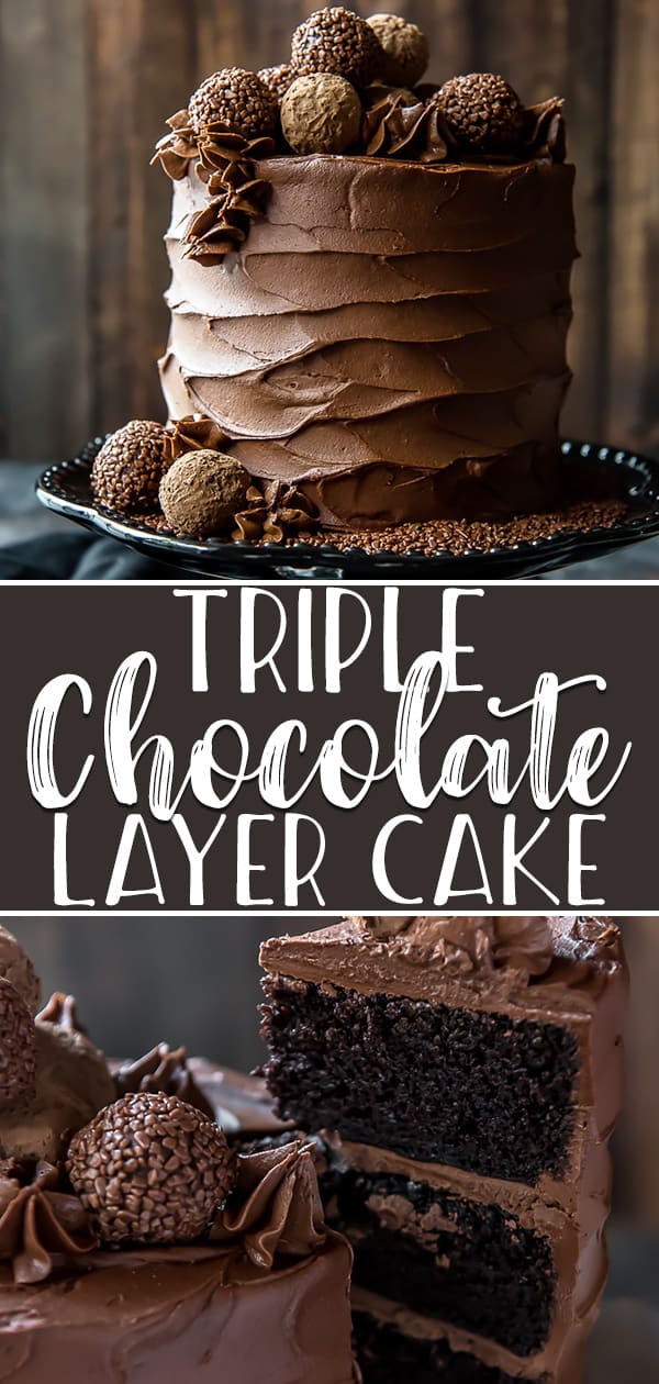 This Triple Chocolate Cake is the ULTIMATE dessert for chocoholics! Three layers of deep, dark chocolate cake are filled with chocolate ganache, then decorated with fluffy homemade chocolate buttercream. A few chocolate truffles top off this showstopper dessert!