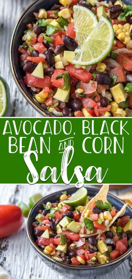 Spice up your fiesta with this colorfully delicious Avocado, Black Bean and Corn Salsa! Diced tomato, onion, and jalapeno come together with with fresh corn, black beans, and ripe avocado, with lots of lime and cilantro to round out the classic Mexican flavors.