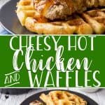This Cheesy Hot Chicken and Waffles recipe is a spicy twist on an American classic! Southern fried chicken breasts are served over habanero-cheddar chive cornbread waffles, then drizzled with cayenne maple syrup for a surprisingly spicy kick!