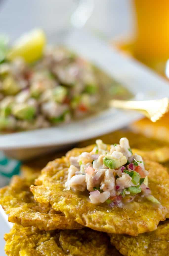 A stack of tostones with Margarita Ceviche on top