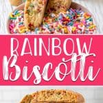 Turn an ordinary Italian cookie into a fun & happy brunch conversation treat with these Rainbow Biscotti! Crunchy, twice-baked, and perfect for coffee- and tea-dipping, these funfetti cookies are full of sprinkles & made with love!