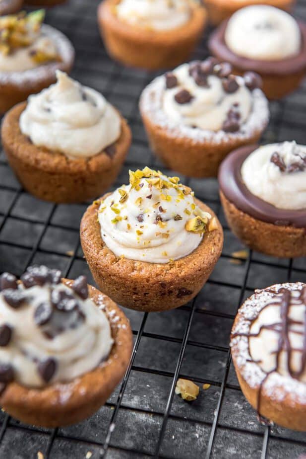 Garnished Cannoli Cookie Cups on a cooling rack