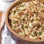 Tuna Macaroni Salad is a wooden bowl