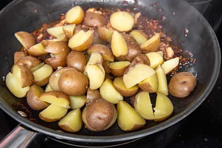 Baby potatoes in a skillet