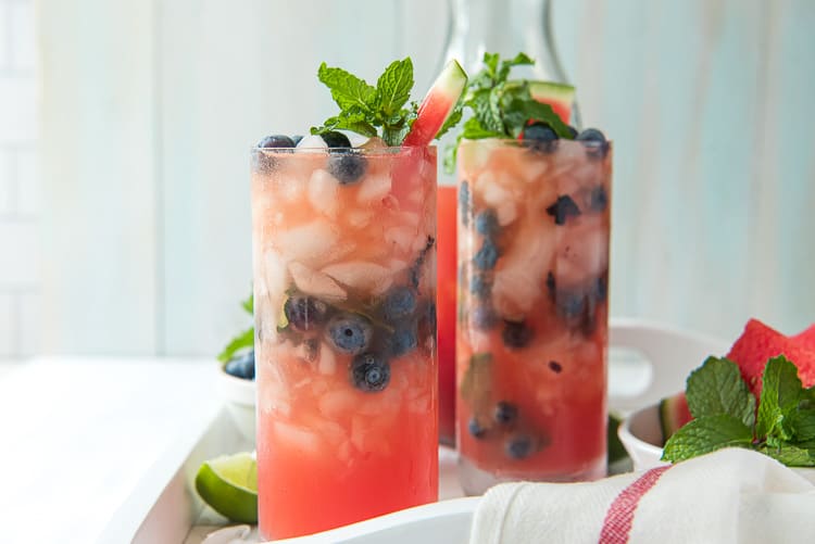 two glasses of blueberry watermelon agua fresca