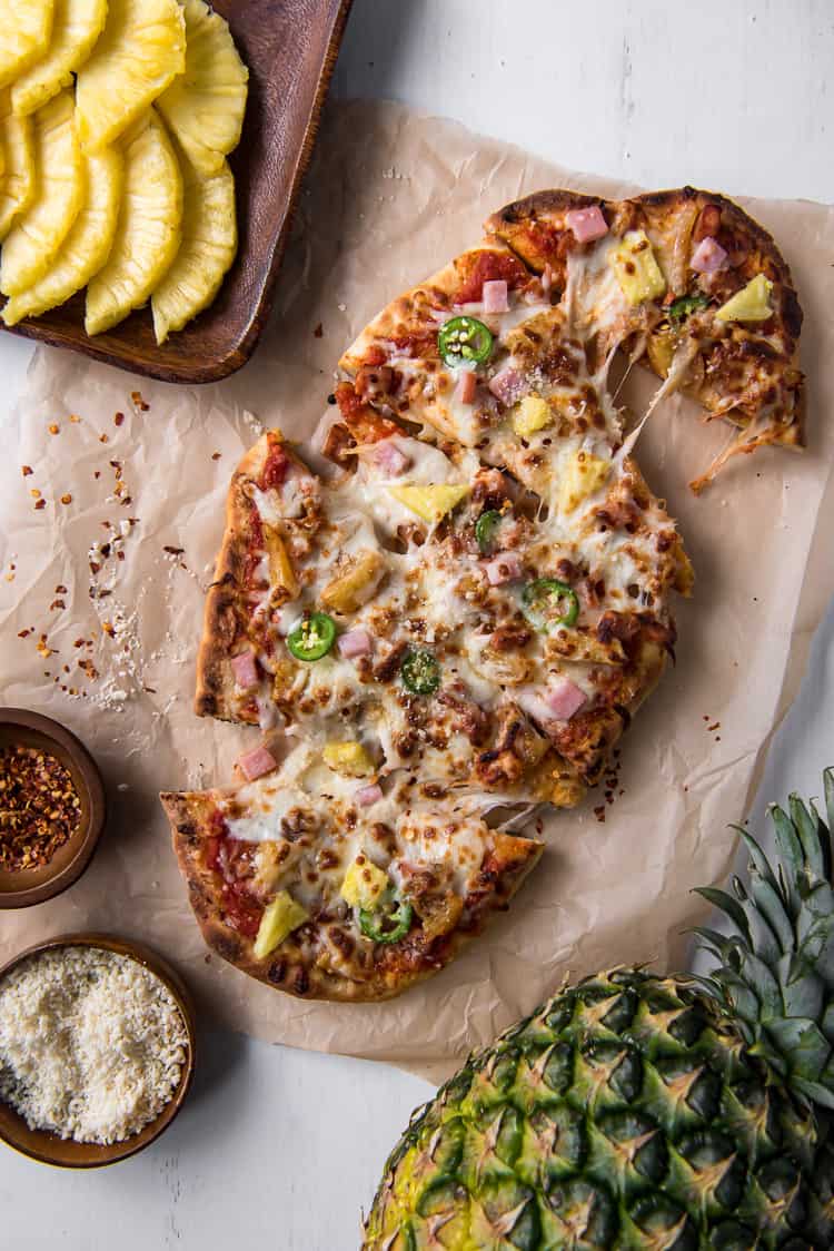Cheesy Grilled Hawaiian Pizza cut into slices