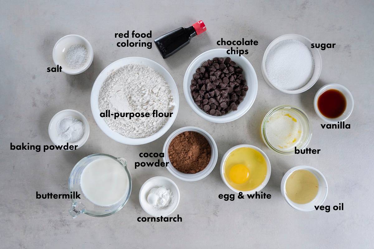 ingredients for making red velvet muffins