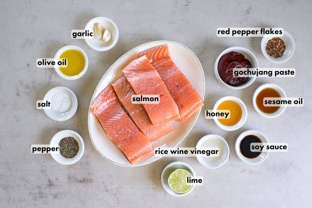 A plate with ingredients for a salmon recipe.