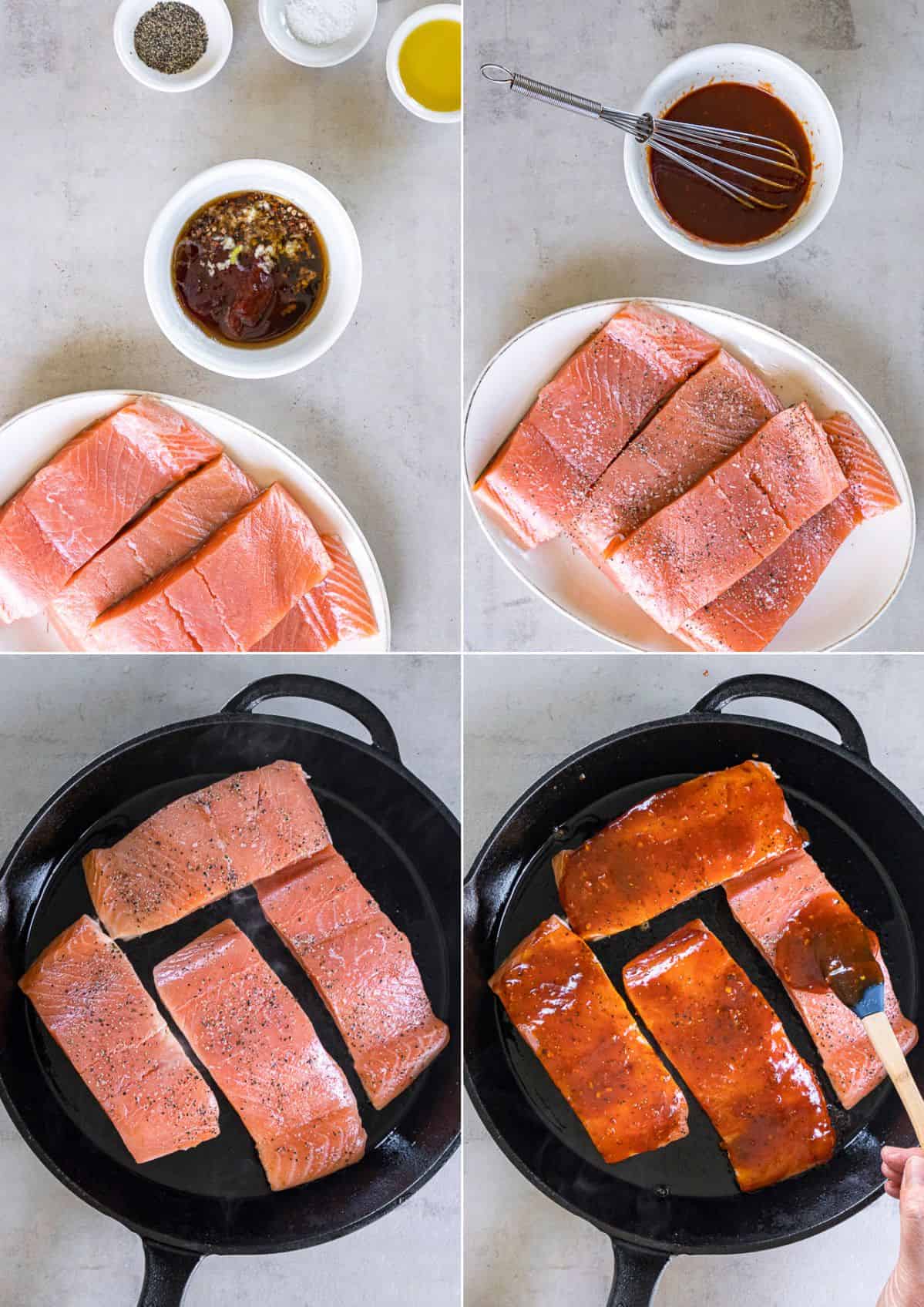 A series of photos showing how to cook salmon in a skillet.